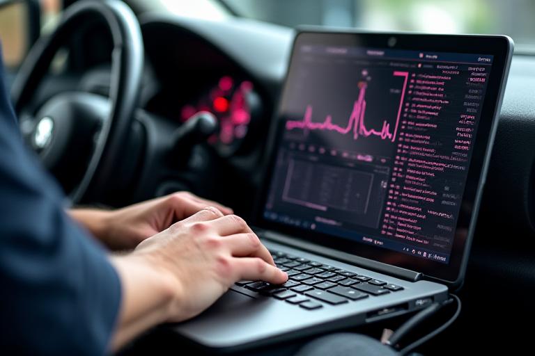 Technician using laptop for ECU engine remapping
